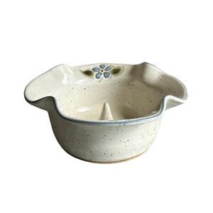 Signed Speckled White and Blue Flowered Stoneware Ring Holder or Dish